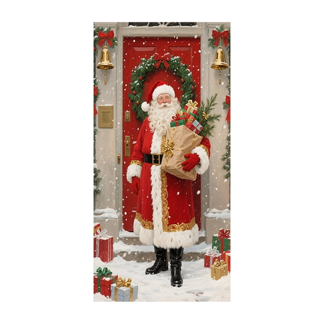 Décorations de Noël Extérieures Rideau de Porte de Noël Drapeau Extérieur Photo Père Noël et Chiot Décoration de Fond Tissu Suspendu Décorations de Noël Extérieures