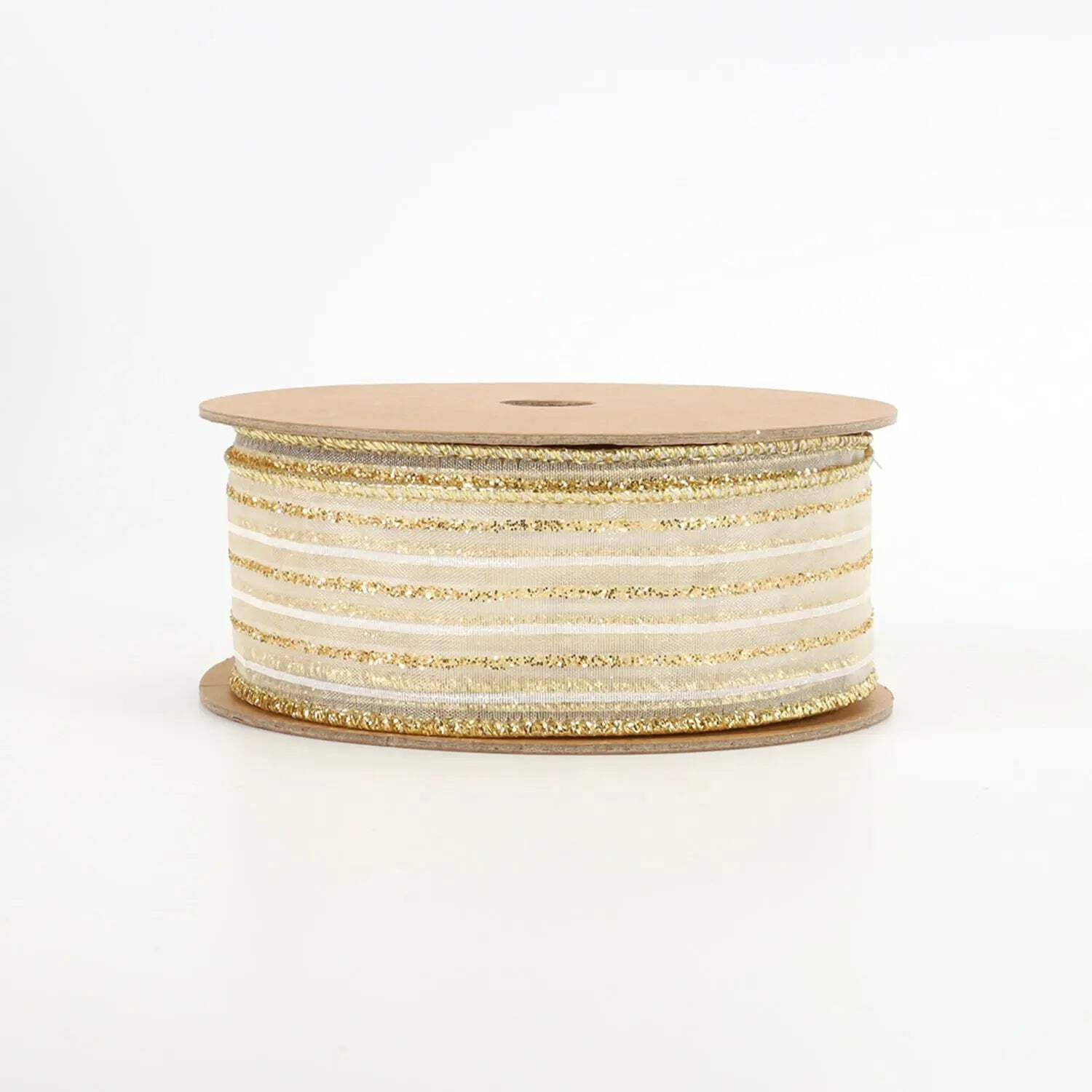 LaRibbons 1 1/2" Wired Ribbon | "Glitter Striped" White/Gold | 10 Yard Roll