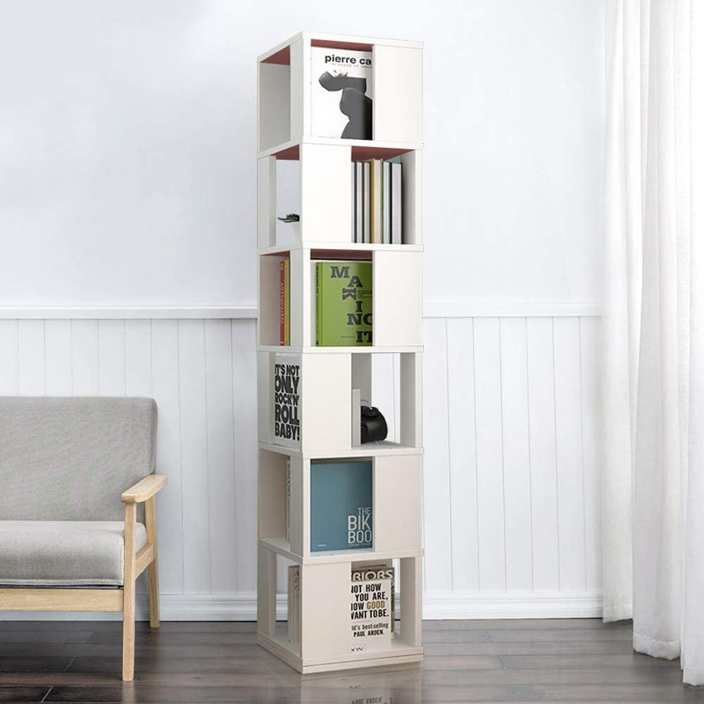 Ansley&HosHo White Bookshelves 6 Tier Bookcase 360° Rotating