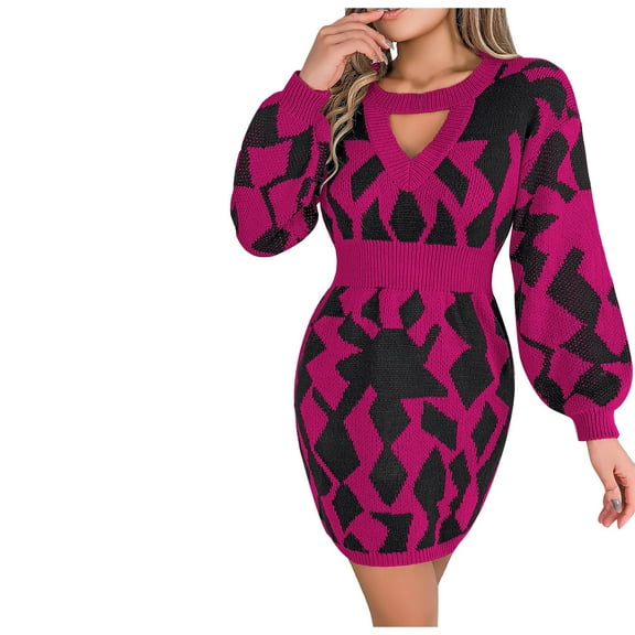 IROINNID Bodycon Dress for Women and Winter Collar Off-Shoulder Lantern Sleeve Knitted Sweater Dress ,Hot Pink