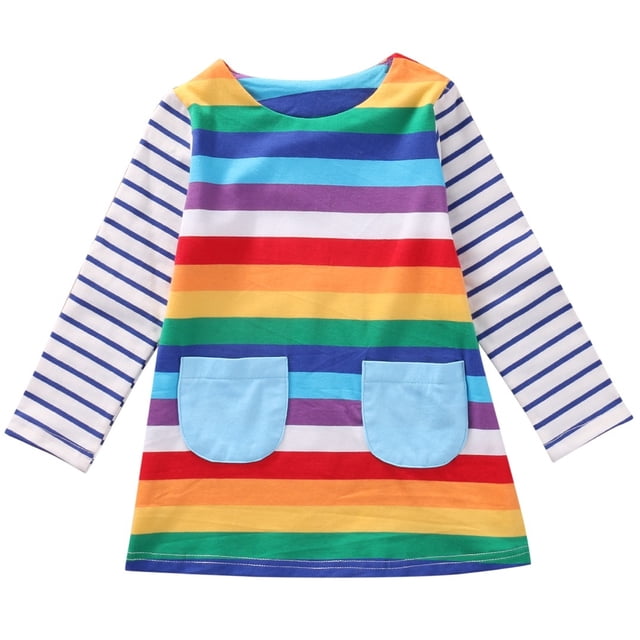 Robe à Manches Longues pour Tout-Petites Filles, Robe Décontractée de Couleur Arc-en-Ciel, Vêtements d'Hiver 1-7 Ans
