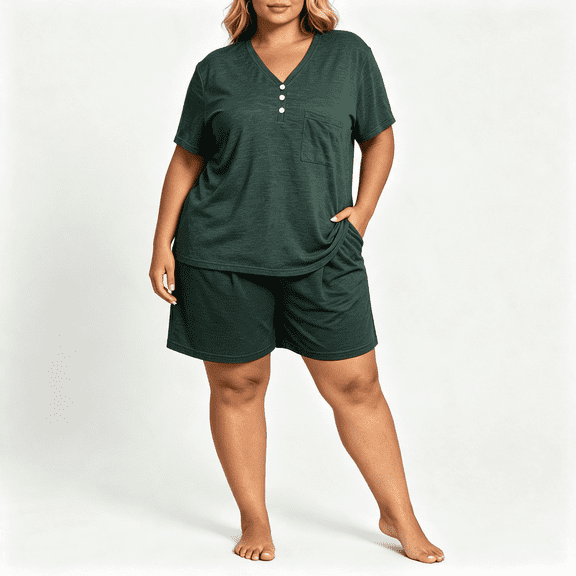 CAZOFW Pajamas for Women Plus Size,Short Sleeve Top,Pockets Shorts Pant Loungewear Set Sizes XL-5X