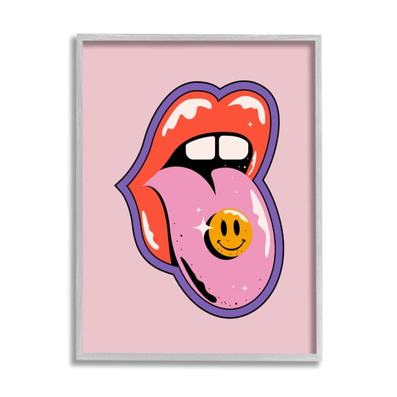 Stupell Industries Retro Lips with Smiley Abstract Painting Gray Framed Art Print Wall Art, 11 x 14