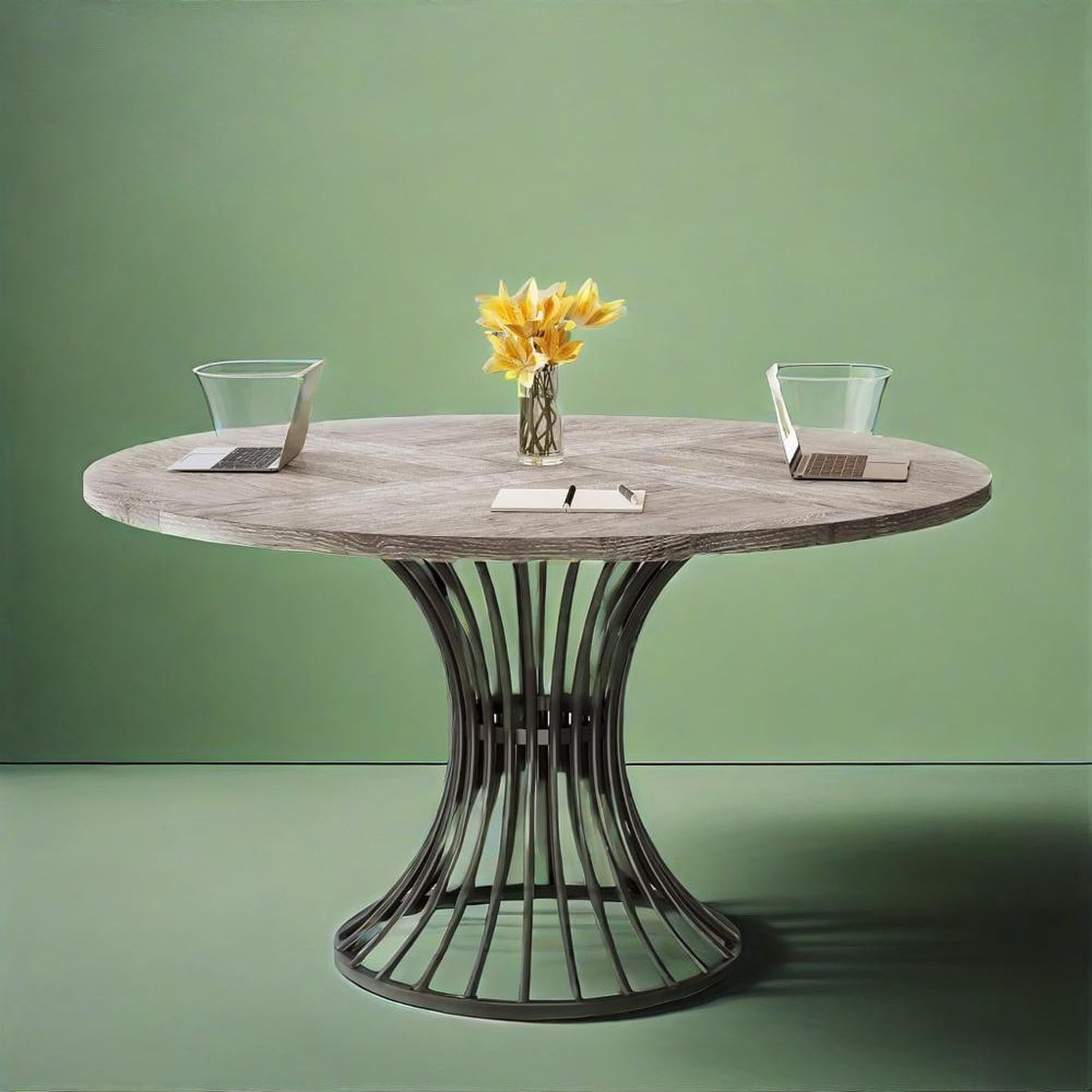Dining Table, Round Conference Table for 4-6 People, Industrial Style with Metal Base, 46.85 in L x 46.85 in W x 29.92 in H