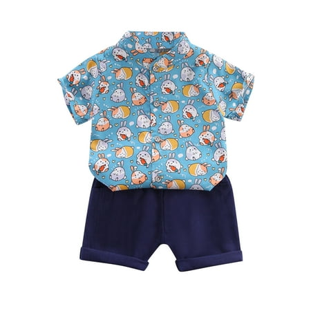 

QYZEU Boy Clothes Size 8 Baby Boy Modern Outfits Kids Toddler Boy Clothes Short Sleeve Rabbit Printed Lapel Buttons Shirt Pockets Shorts Set Gentleman Outfits Set