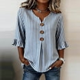 thumbnail image 6 of Hfnxid Women 3/4 Sleeve Shirts Loose Fit Ruffle Shirt Striped Button V Neck Blouses Solid Color Fall Clothes Light Blue XL, 6 of 6