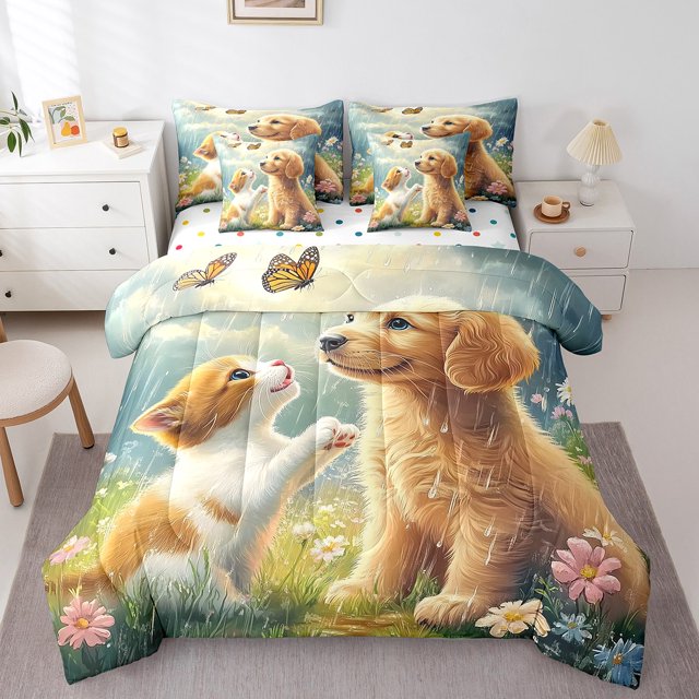 Erosebridal Literie pour Animaux 3D Format Grand, Ensembles de Literie Mignons Chat Chien Format Grand, Déco de Chambre Jungle Groovy, Réversible 7 Pcs