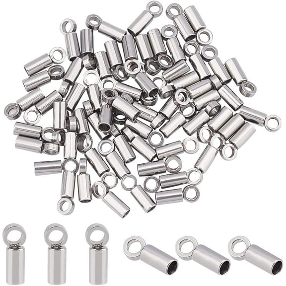 60pcs DIY Tube End Caps Stainless Steel Cord Ends 1mm Inner Diameter Smooth End Caps Terminators Cord Finding for Leather Cord Bracelets DIY