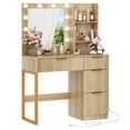 thumbnail image 7 of Zimtown Modern Makeup Vanity Desk with Mirror and Charging Station, Lighted Vanity Table with 4 Drawers & 3 Storage Shelves for Bedroom, Wood Color, 7 of 7
