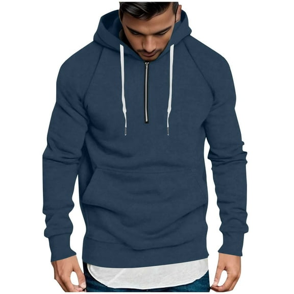 Cotton 1/4 Zip Pullover Hoodies Mens Raglan Long Sleeve Trendy Drawstring Hooded Pullover Sweatshirt with Pocket (L, Navy)
