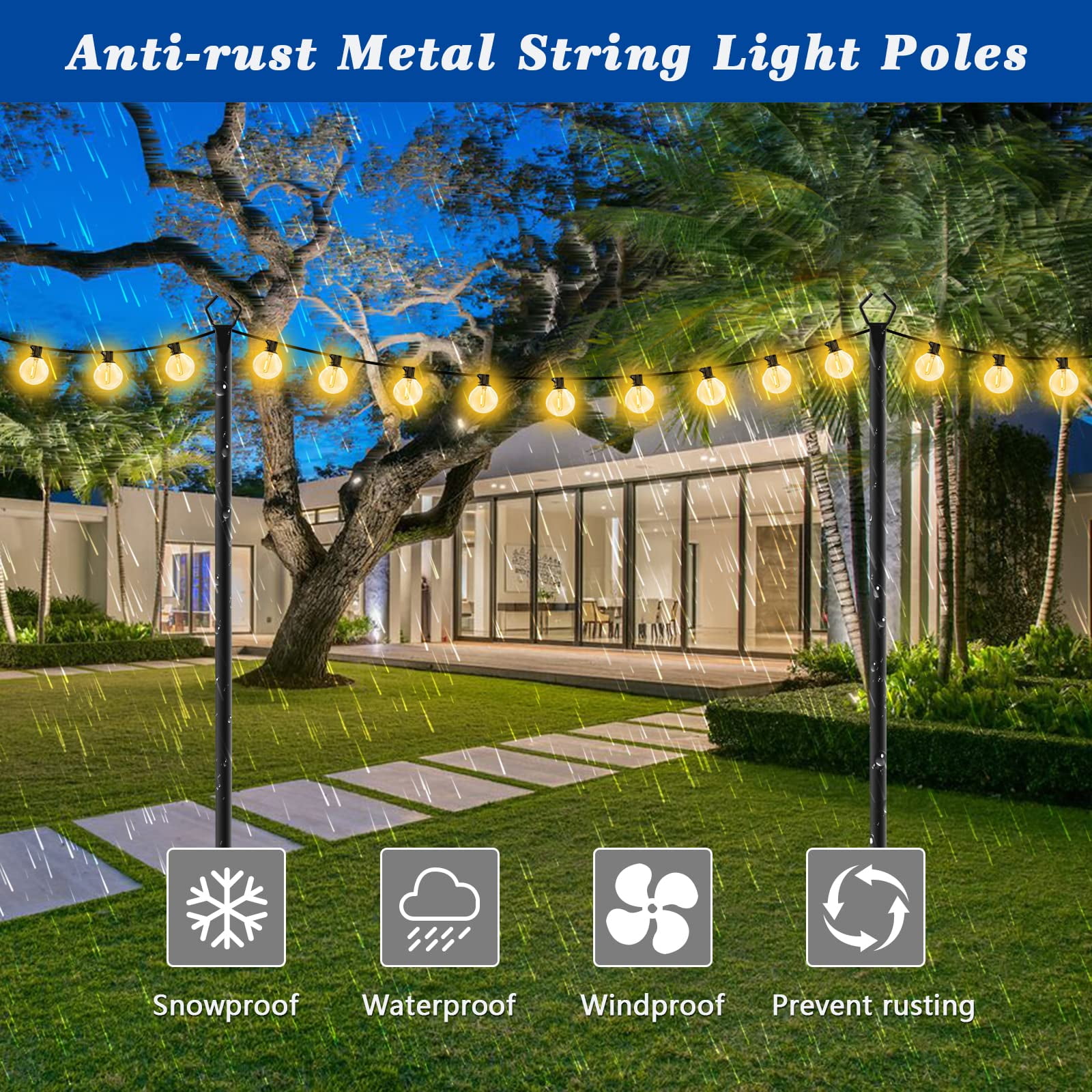 Aertyole 2 Pack 10FT Metal String Light Poles for Outside with Fork, Hanging Light Poles for Patio, Backyard, Garden, Deck, Party, Wedding (Black)