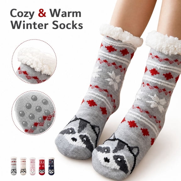 Sherpa Lined Floor Socks For Women, Indoor Slipper Socks, Plush Fleece Home Socks, Non Slip Grip Lounge Cabin Socks, Cozy Warm Winter Socks, Cute Animal Print Non Skid Bottom Socks, Gift Socks