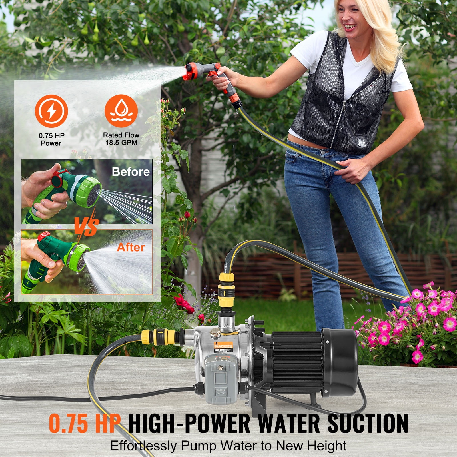 KFFKFF Shallow Well Jet Water Pump 3/4HP 18.5 GPM Irrigation 131 FT Head SUS304