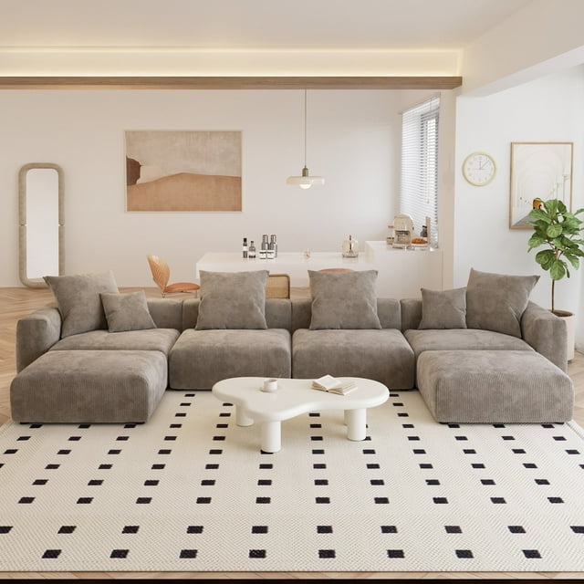 The Magic Home Canapé Sectionnel Modulaire Convertible en Velours Côtelé en Forme de U à 4 Places, Brun
