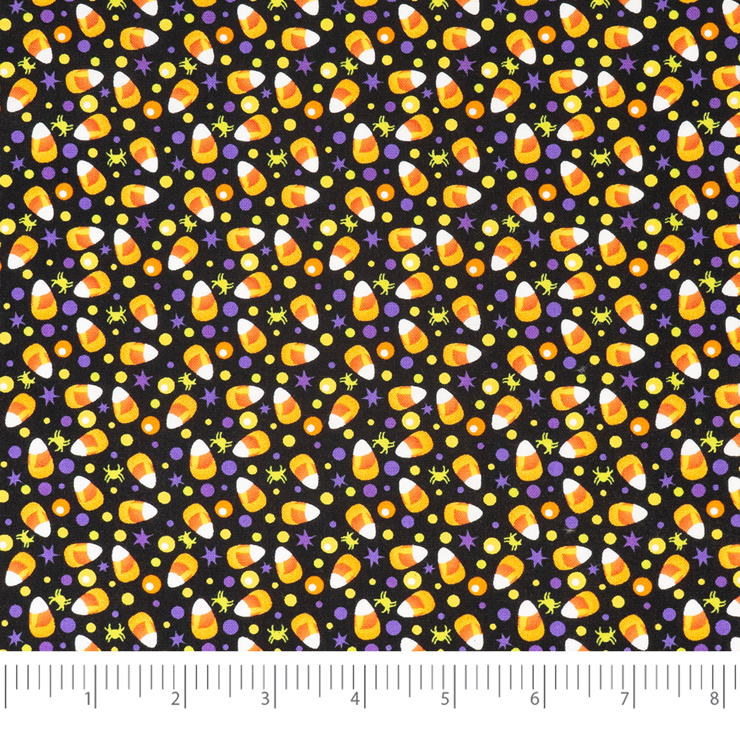 Singer, 100% Cotton, Candy Corn And Purple Dots On Blk, Cut by Yard