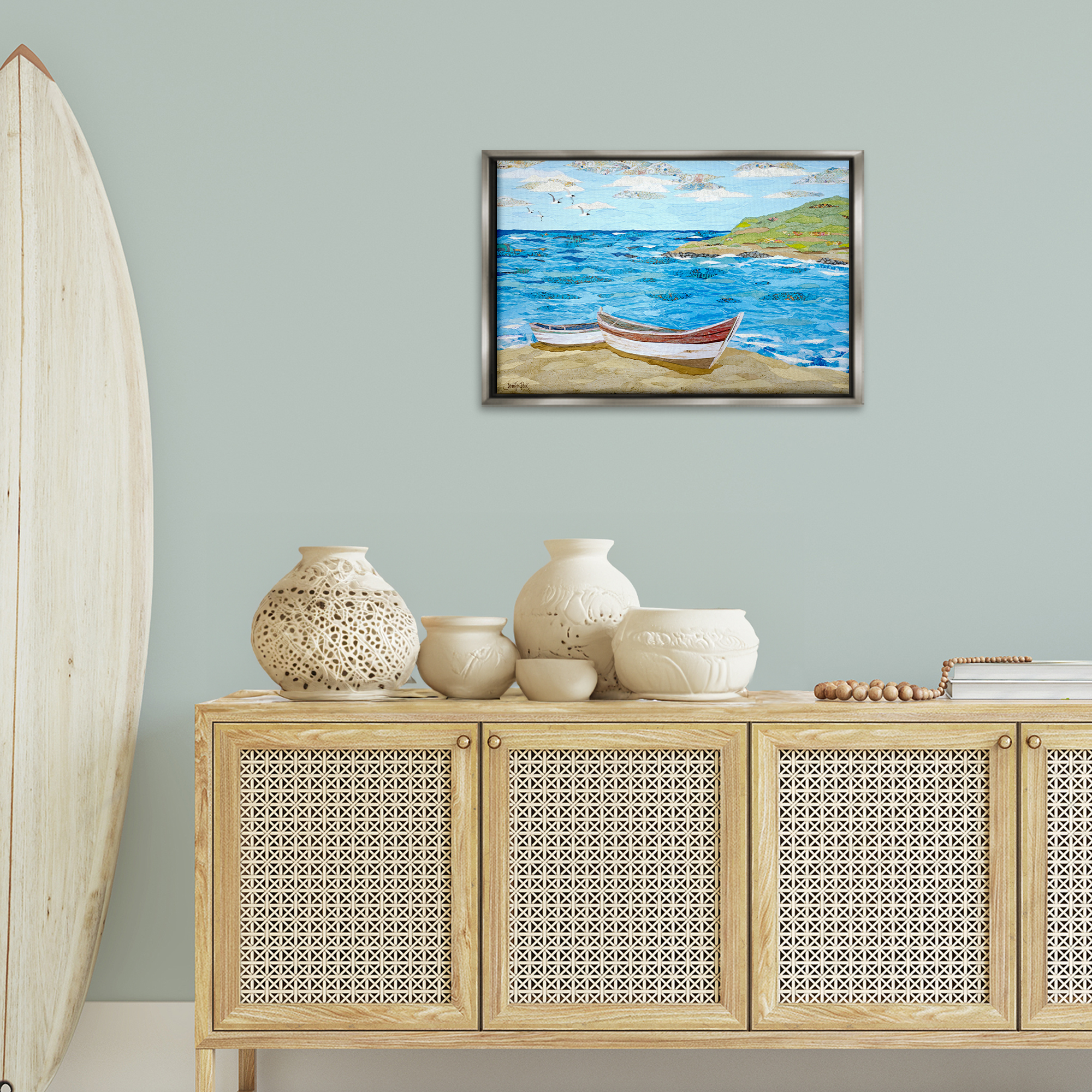 Stupell Industries Mykonos Docked Boat Landscape Painting Gray Floater Framed Canvas Art Print Wall Art, 25 x 17