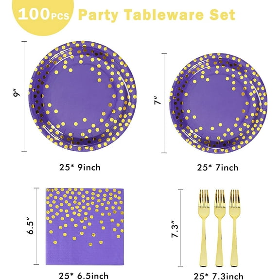 RFGBRG-Purple and Gold Party Plates and Napkins Supplies,Disposable Party Dinnerware,Purple Golden Dot Paper Plates,Napkins,Forks for Mardi Gras,Birthday,Graduation Decor,Cocktail Serve 25