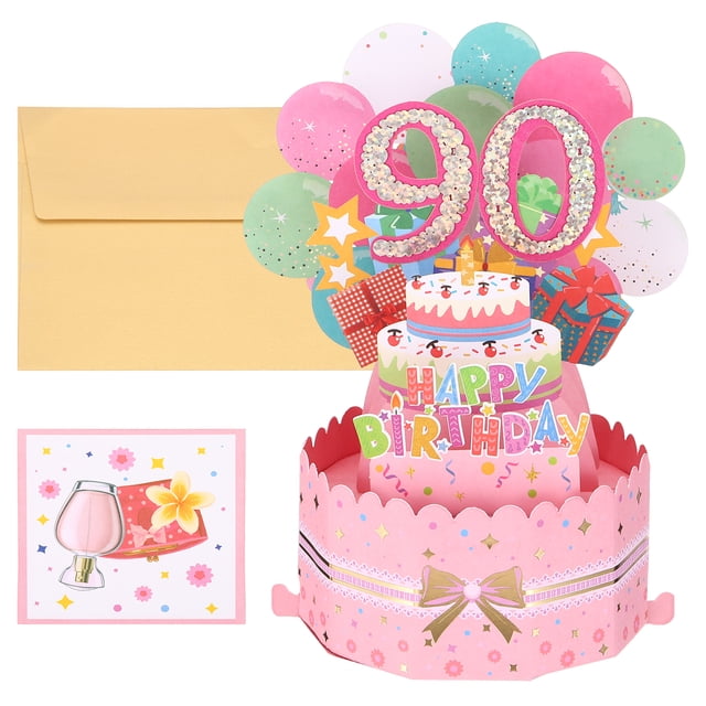 Tarjeta de Cumpleaños 90 de Uxcell, Tarjeta de Cumpleaños Pop-Out con Tarjeta de Felicitación y Sobre para Regalo de Mujeres y Niñas en Rosa