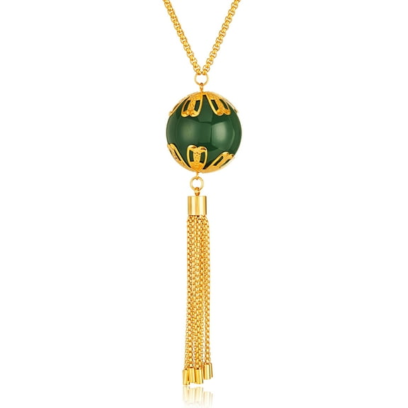 ELYA Women's Large Faux Green Jade Tassel Gold Plated Steel Necklace