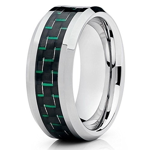 9mm Polished Silver Tungsten Carbide Wedding Band Green Carbon Fiber Center Mens Comfort Fit Ring 10 (10)