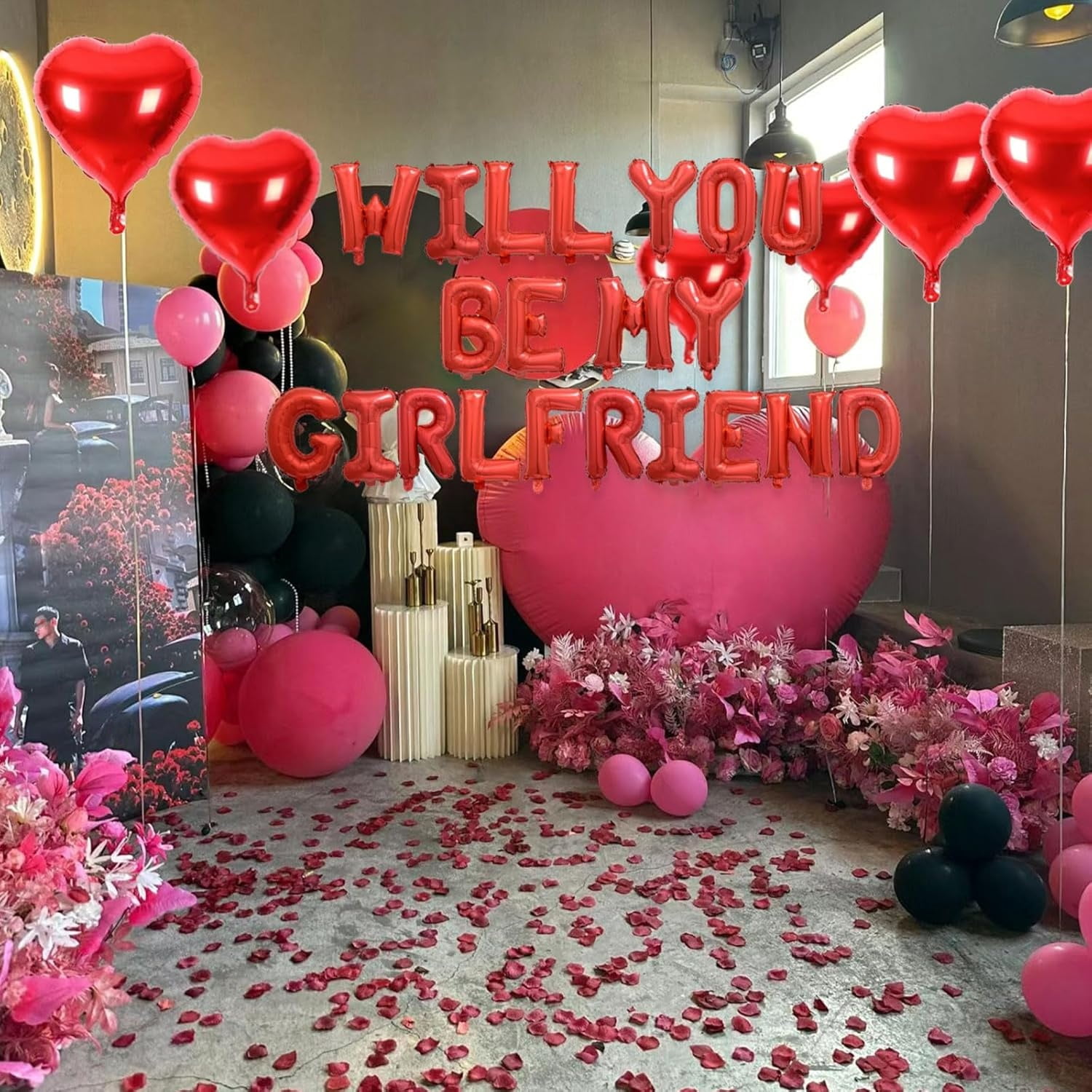 Boriyuan Will You Be My Girlfriend Balloons Set - 16'' Balloon Letters, 18'' Heart Shaped Balloons with 500 Pcs Artificial Rose Petals for Valentine Day Wedding Party Romantic Decorations (Red)
