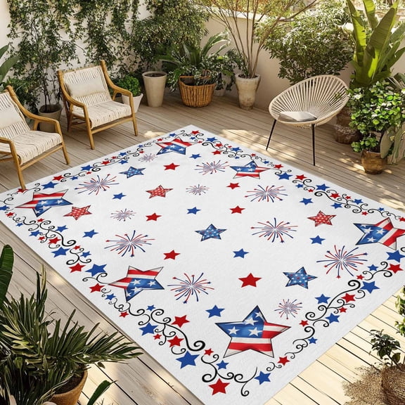 4th of July Outdoor Rug for Patio/Deck/Porch, Non-Slip Large Area Rug 5 x 7 Ft, Independence Day Blue Red Star Firework Indoor Outdoor Rugs Washable Area Rugs, Reversible Camping Rug Carpet Runner