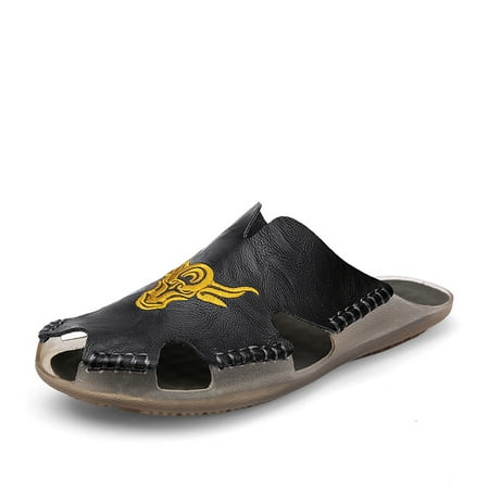 

Unisex Genuine Leather Slides Casual Lightweight Slippers Men‘s Fashion Slip On Shoes Rubber Sole Closed Toe Sandals For Indoor Outdoor Beach
