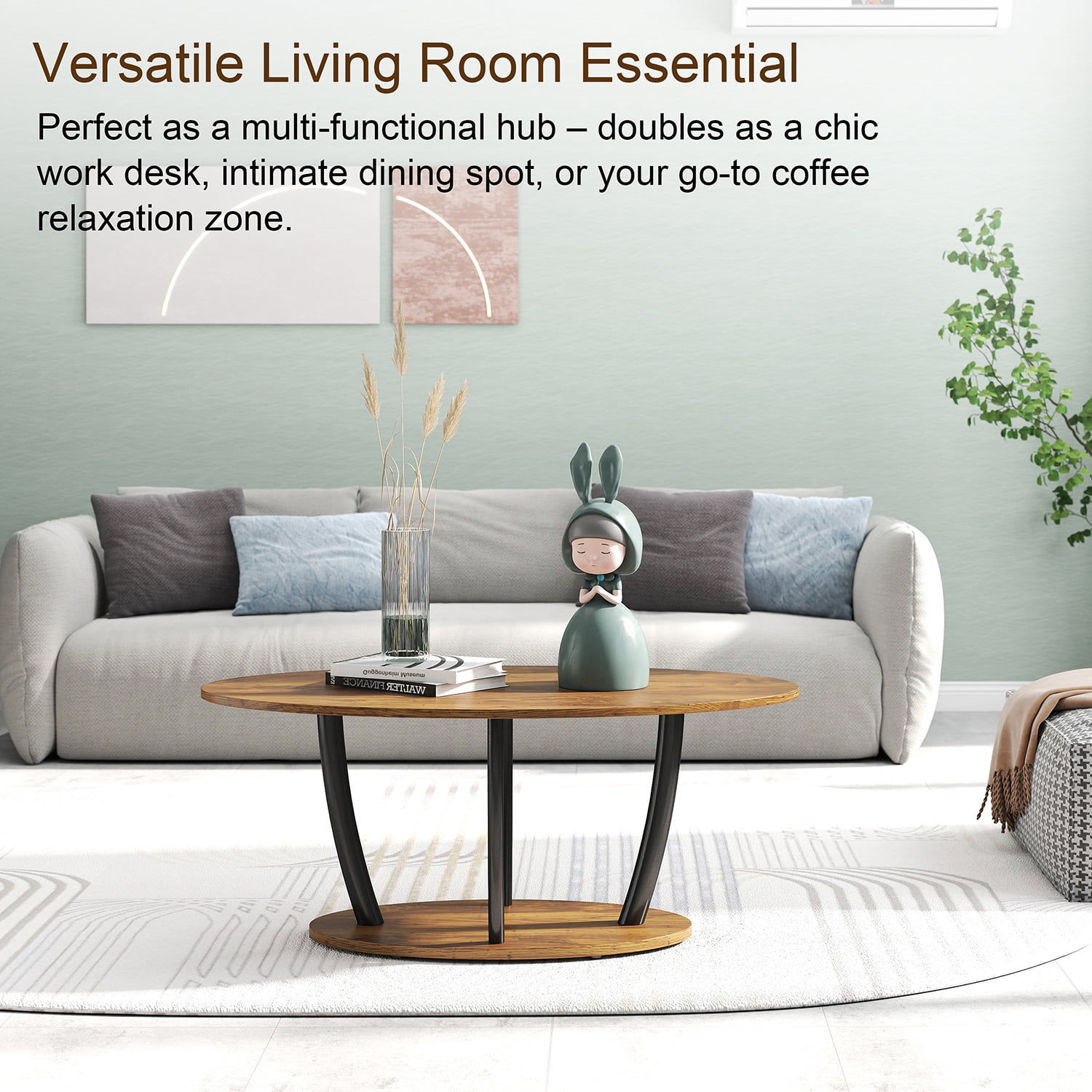 Manora 2-Tier Oval Coffee Table with Storage Shelf for Living Room Bedroom, Red Oak Wood Grain and Black Metal