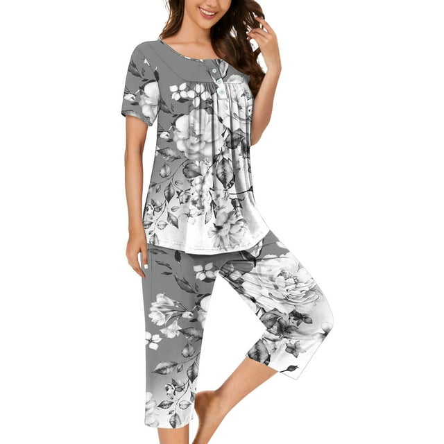 Pisexur Ensembles de Pyjama pour Femmes Mode Chemises de Nuit à Imprimé Floral pour Femmes Ensemble de Sommeil 2 Pcs Été Décontracté Col Rond Blouses Plissées Boutonnées Hauts et Pantalons Longueur sous le Genou avec Poches