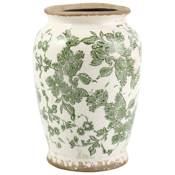 Vintage Ceramic Vase – Green Floral Chinoiserie Design, Rustic Large Vase for Flowers, Tuscan & Farmhouse Decor, 7.8 Inch Handcrafted Vase for Living Room, Office, or Shelf