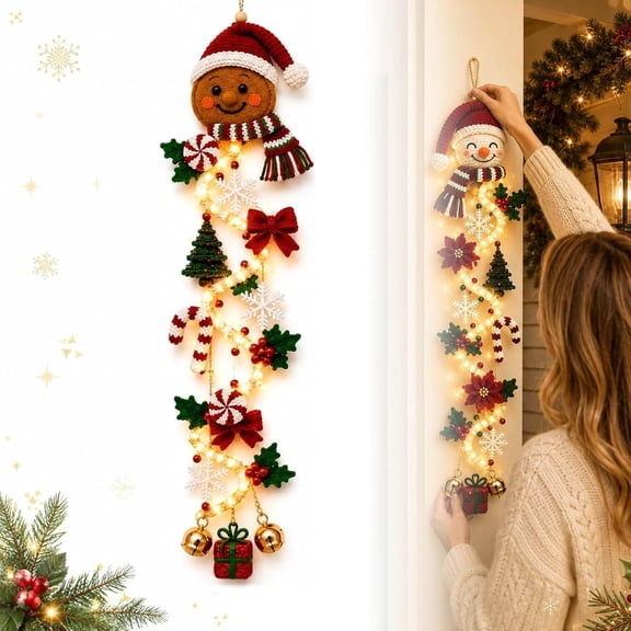 Glowing Christmas Door Hanger, Lighted Christmas Door Hanger, Rustic Quilted Fabric Wreath, Merrycascade Light-Up Christmas Decoration, 6 Festive Light Designs, Vertical Display (Gingerbread)