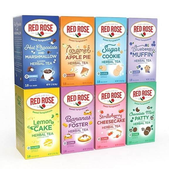 Red Rose Sweet Temptations Dessert Tea Variety Pack, Zero Sugar, Caffeine-Free Flavored Delicious Beverage Herbal Tea, 18 Count Pack of 8 Fruit Naturally Flavored Herbal Tea Gift Set