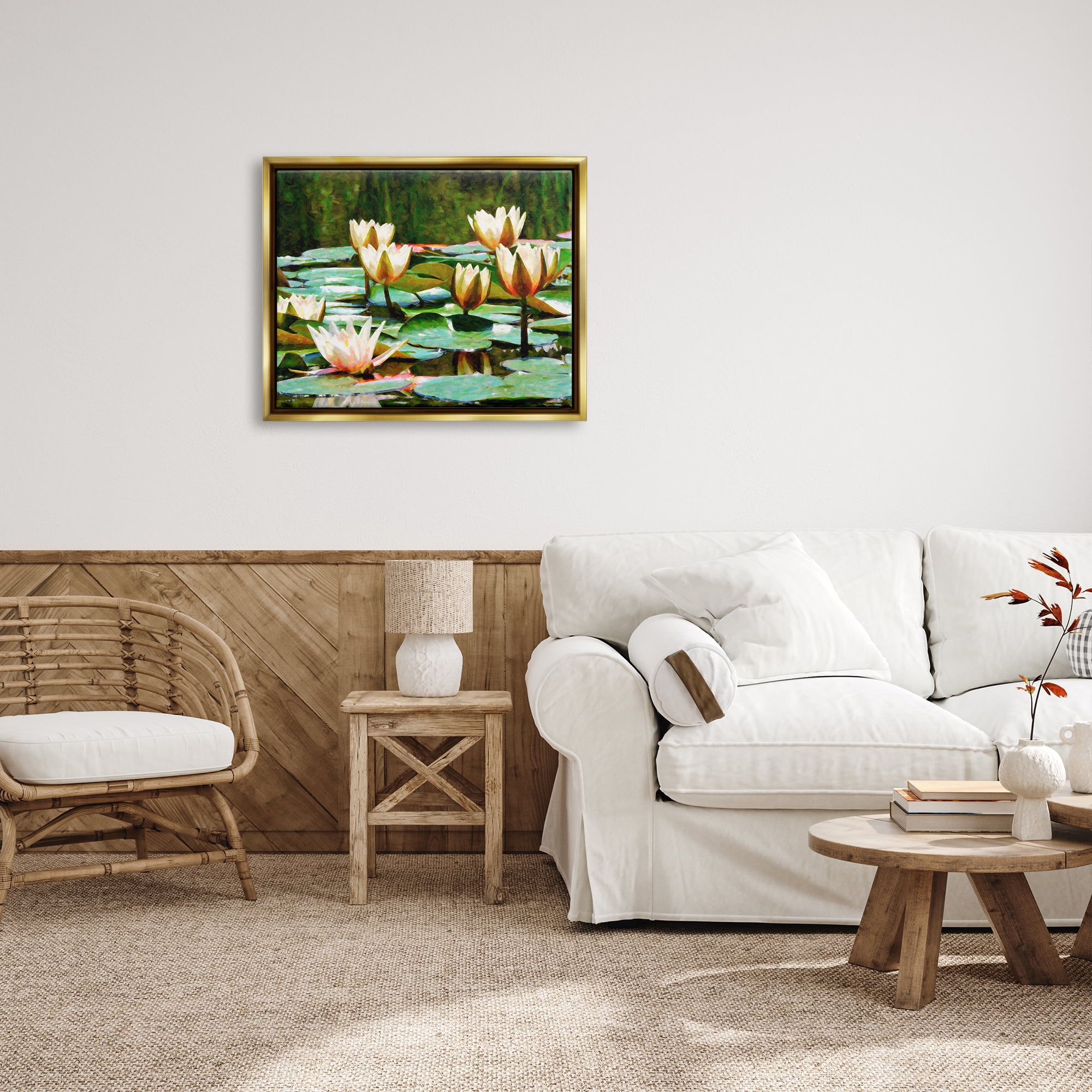 Stupell Industries Pond Lilies Blooming Botanical & Floral Painting Gold Floater Framed Art Print Wall Art, 31 x 25