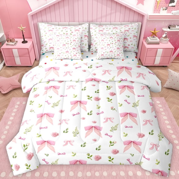 Homewish Ribbon Bowtie Bowknot 7-Piece Twin Bedding Sets,Cute Flower Floral Bedding Comforter Set,Pink White Green Sheet Sets For Girls,Ultra Soft Home Decor Reversible