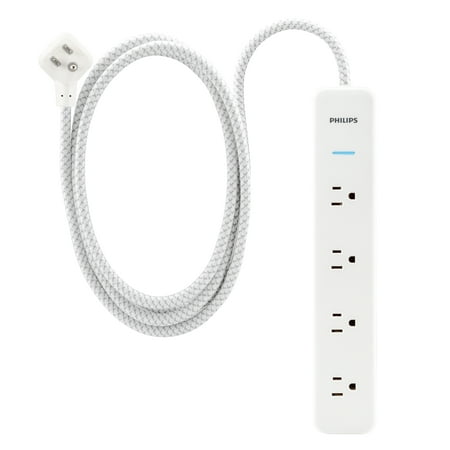 Philips Surge Protector, 4 Outlet, Adapter-Spaced, 450J, Braided Cord, 4ft, White