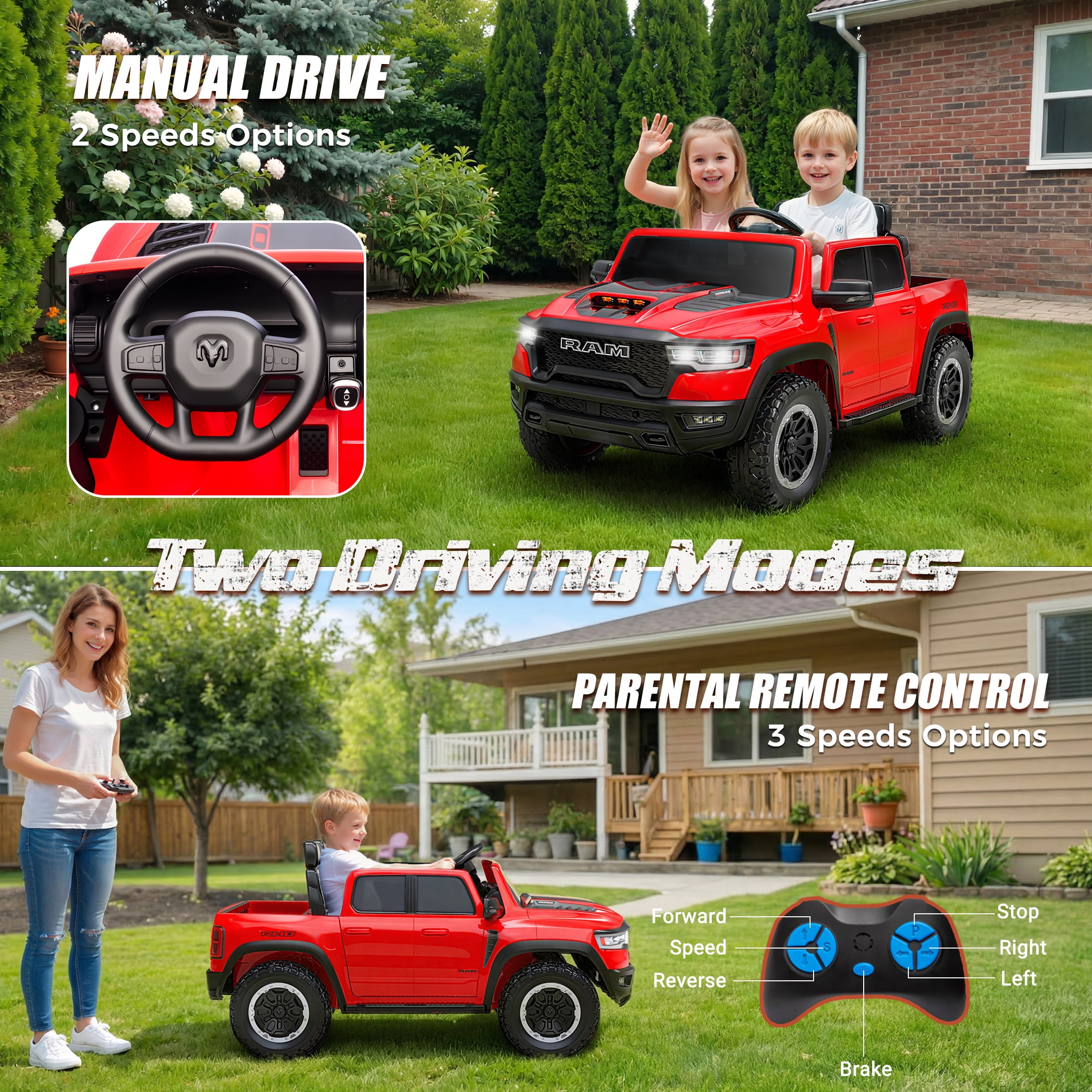 iYofe Ram 1500 RHO 24V 2 Seater Truck Powered Ride on with Remote Control&Bluetooth, Red