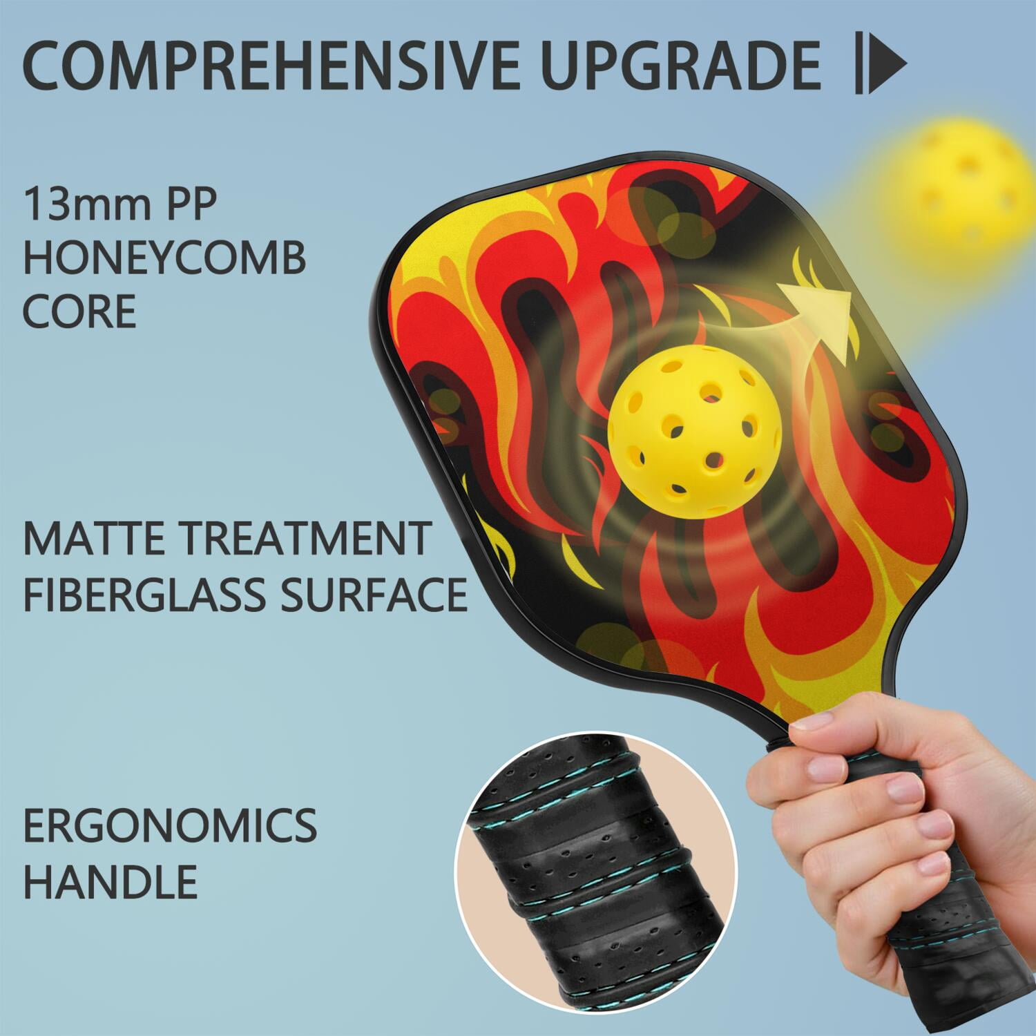 Pickleball Paddles Set Of 1, Fiberglass Surface, Flame, Fire Print, 1 Paddle, 2 Balls & Bag