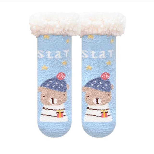 Toddler Socks Christmas Cartoon Fuzzy Warm Fleece Non Slip Winter Slipper Socks Light Blue 4-7 Years