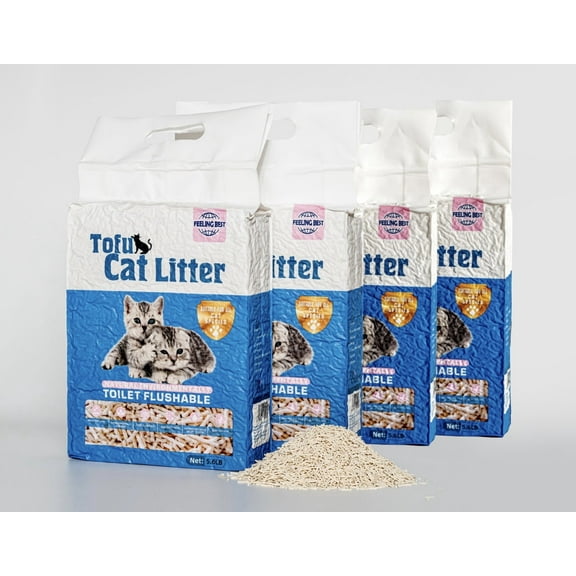 Tofu Cat Litter 22.4 LB (5.6 lb×4bag) Clumping, 100% Natural Raw Materials, Clumping,Flush able,Ultra Absorbent and Fast Drying,Solubility in Water,Really Dust-Free,Less Scattering