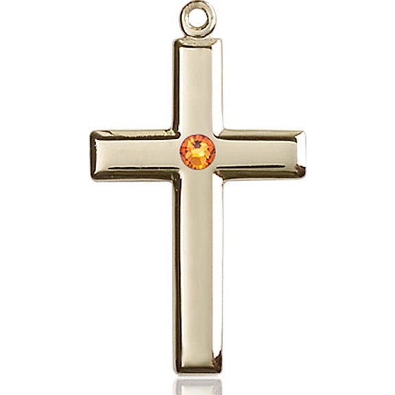 14kt Yellow Gold Cross Medal with 3mm November Yellow Swarovski Crystal 1 1/8 x 5/8 inches