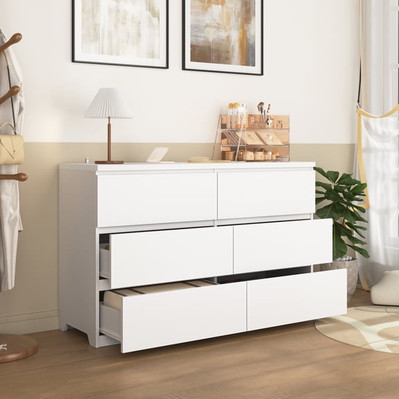 Oufan Modern 6 Drawer Storage Cabinet, Wood Chest of Drawers, Tower Clothes Organizer, Large Storage Cabinet for Living Room, Bedroom, Hallway,White