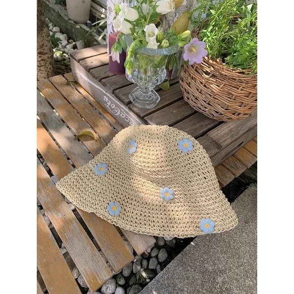 SikaFu Floral Straw Hats For Women Spring Summer Travel Sunshade Bucket Hat Female UV Protection Fishermen Cap Outdoor Basin Cap Gorros