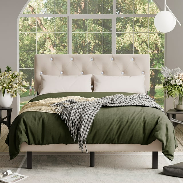 VERDALAY Estructura de cama de plataforma tamaño completo con cabecero tapizado en terciopelo/estructura de cama con botones de cristal y soporte de listones de madera. No necesita somier beige