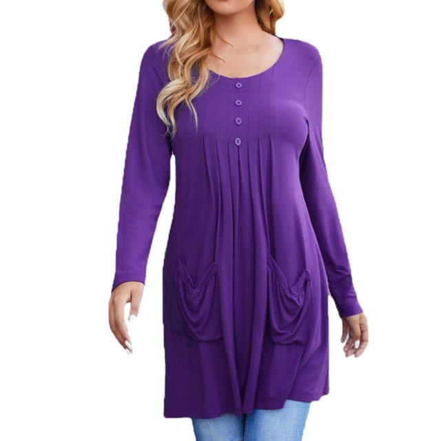 Women`s Exquisite Light Smooth Round Collar Button Tape Solid Color Long Sleeve Polyester Top(Purple,M)
