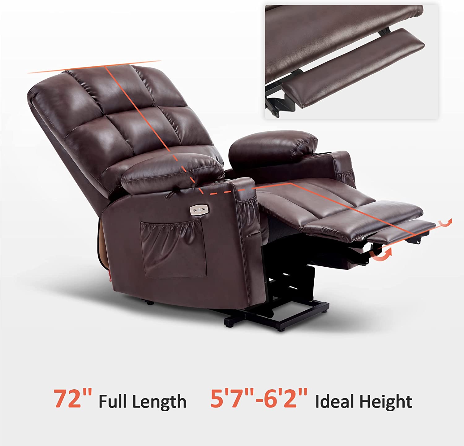 MCombo Dual Motor Large Power Lift Recliner Chair with Massage and Heat for Elderly Big and Tall People, Infinite Position, Extended Footrest, Faux Leather 7680 (Dark Brown, Large)