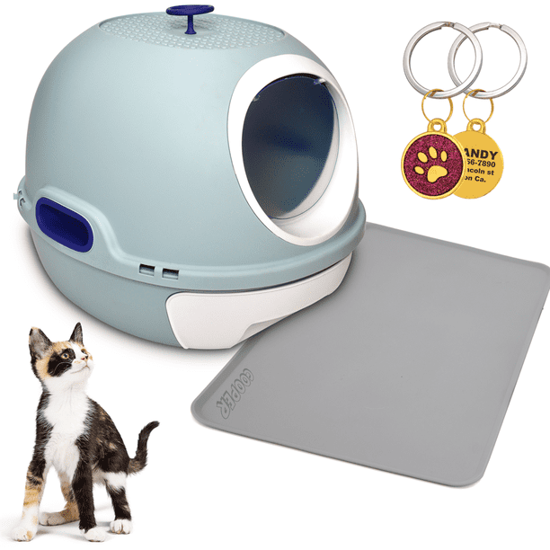 KE WOOW Arenero para Gato Grande, Caja de Arena para Gato, Ambiente Cerrado, Areneros Puerta Frontal co Pala, Placa de Identificación Grabada y Personalizada y tapete de silicon, color Azul KE WOOW Arenero nave espacial