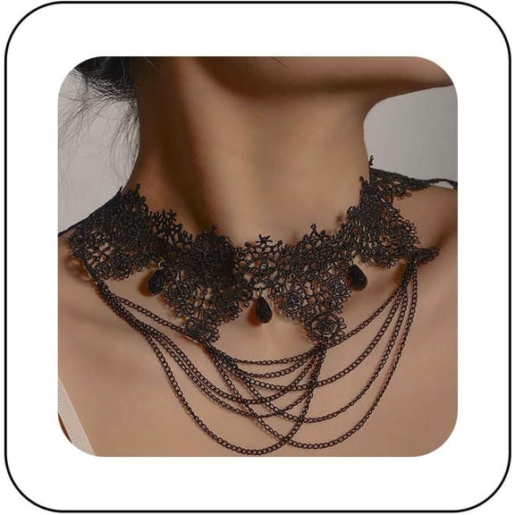 Gothic Halloween Black Lace Choker Necklace lace Chain Collar Necklace Onyx Lace Necklace Lace Chain tassel Necklace Hollow Lace Necklaces Black Crystal Necklace Jewelry for Women