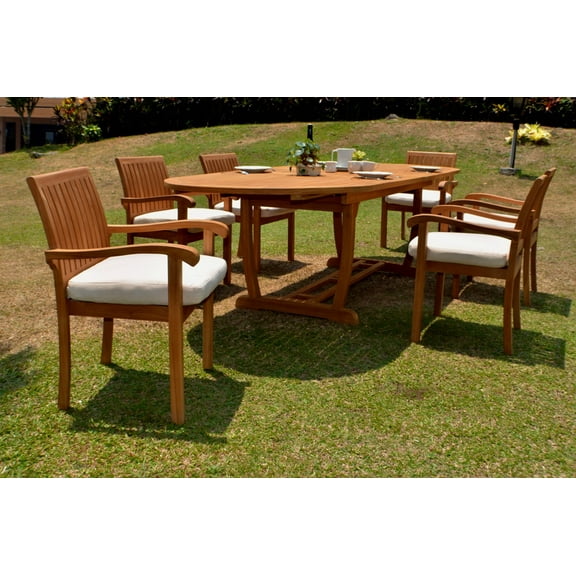 7 PC A Grade Outdoor Patio Teak Dining Set - 117" Double Extension Masc Oval Table & 6 Naples Stacking Arm Chairs