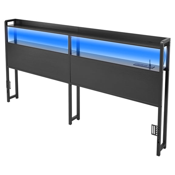 KFFKFF King Size Bed Headboard with Storage Shelves, LED Lighting, Power Outlets, USB Ports, Adjustable Height, and Durable Steel Frame, Black