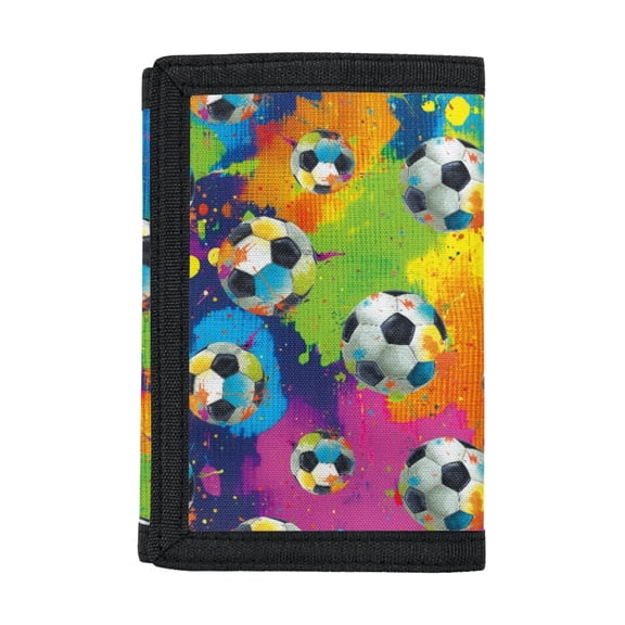 FUIALDOLG Polyester Children's Wallet with Lightweight Slim Trifold Card Wallet for Sports, Watercolor Soccer Ball Art Theme Kids Trifold Wallet